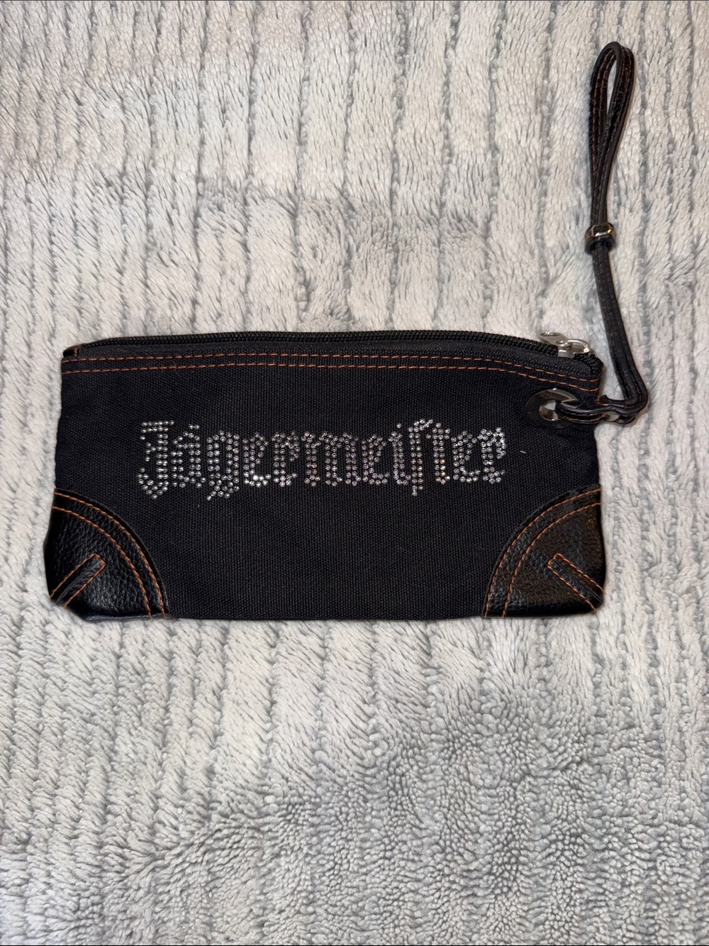 Jagermeister Black Canvas Wristlet with Silver Rhinestone Logo and Brown Trim